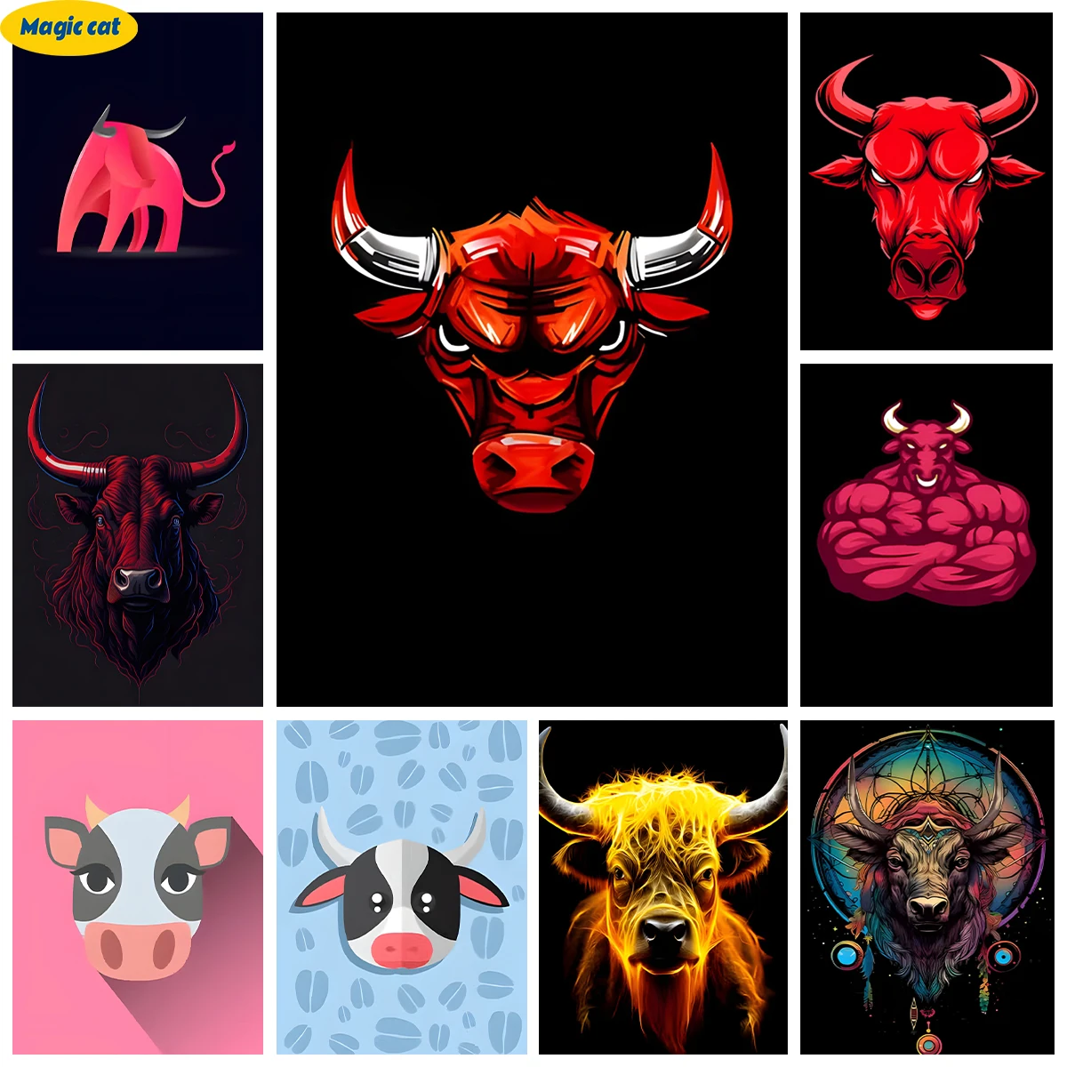 

Angry Bull 5D Diamond Painting Cartoon Bull Head Handmade Diamond Embroidery Cross Stitch Animal Living Room Bedroom Wall Decor