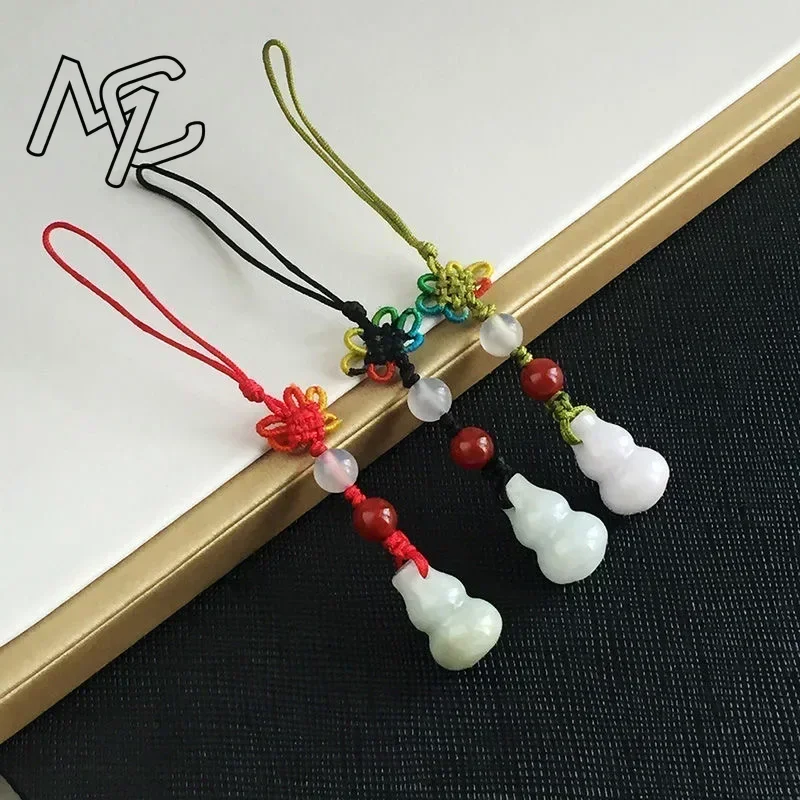 Customization Natural Emerald Chinese gourd DIY Phone Chain Key Ring Jewellery Fashion Accessories Hand-Carved Man Woman Amulet