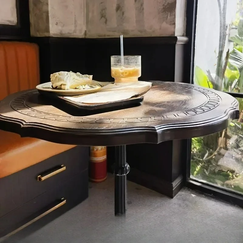 

P6/25 retro solid wood wrought iron coffee table American round table medieval furniture French dessert shop table and chairs