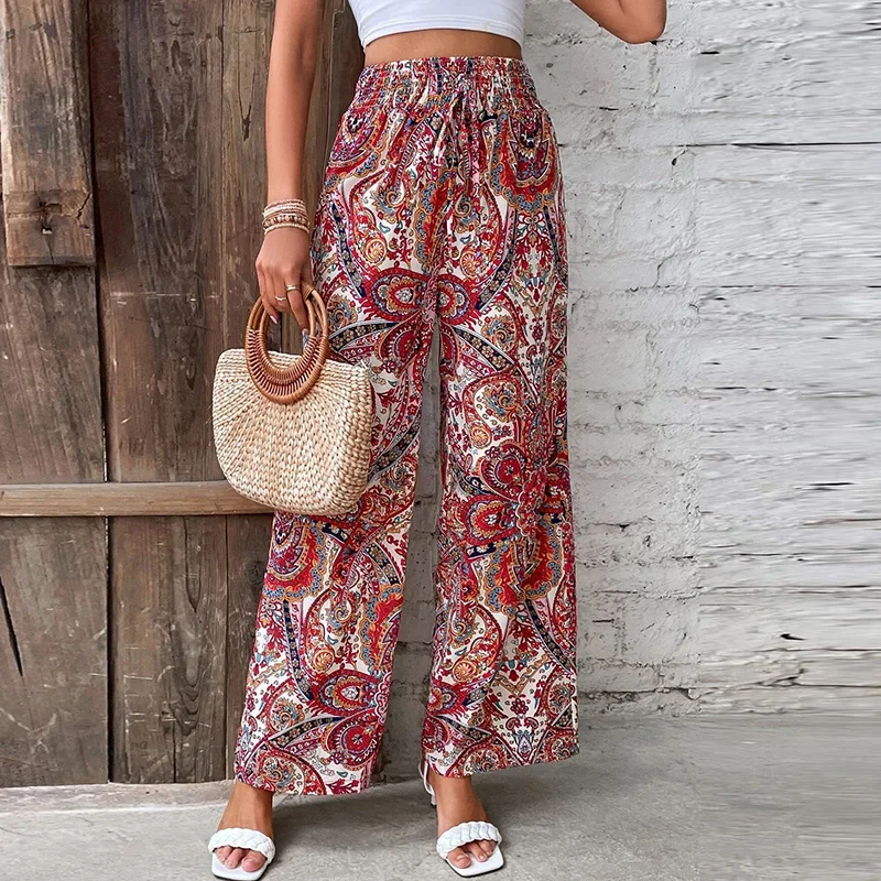 Spring Summer Women Pants Elastic Waist Printed Wide Leg Pants For Women Casual Trousers Streetwear 2024