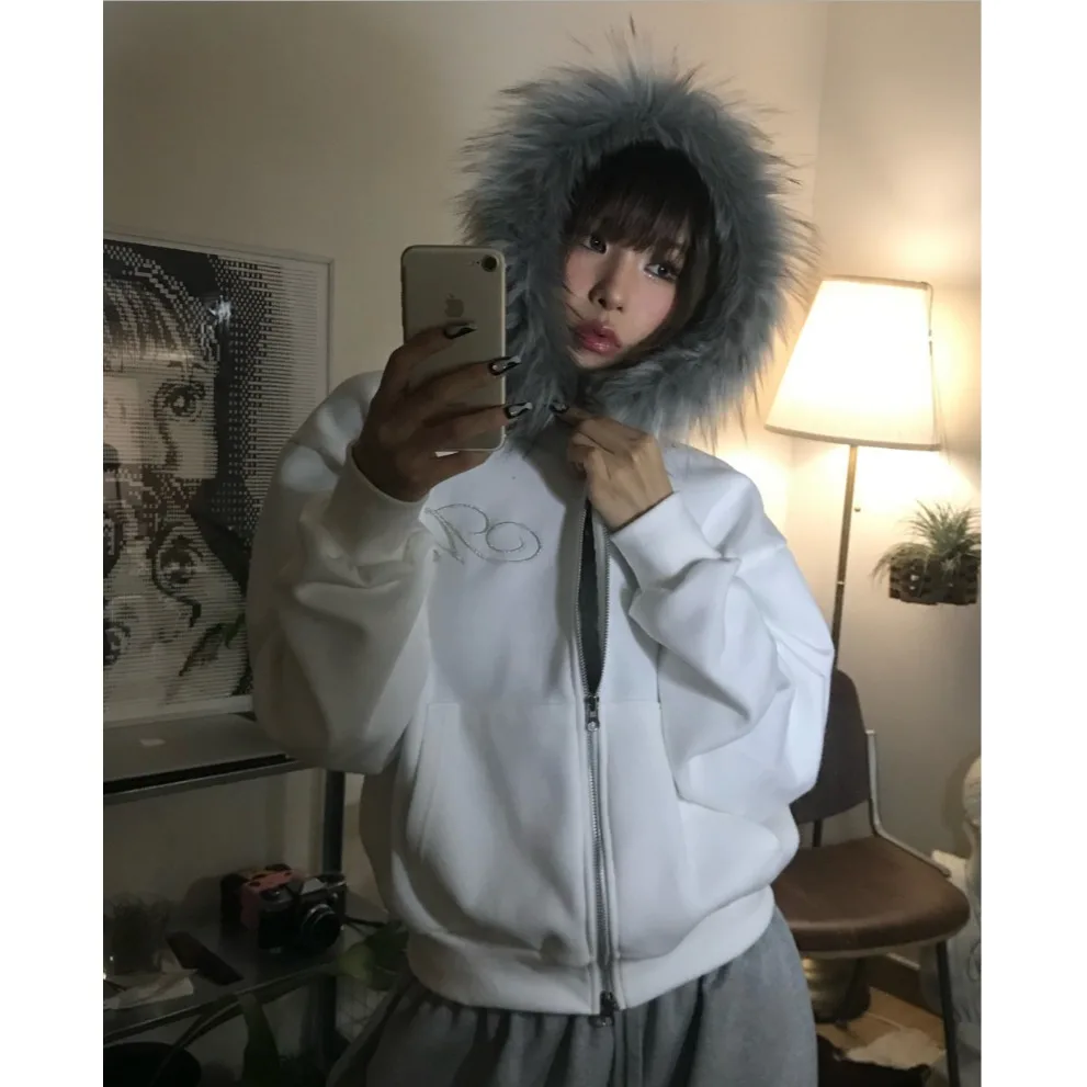 ティエンエド刺繍入りレターフード付きスウェットシャツ、秋冬新作、ストリート系、パーソナル、ファー裏地付き、韓国風、女性用...