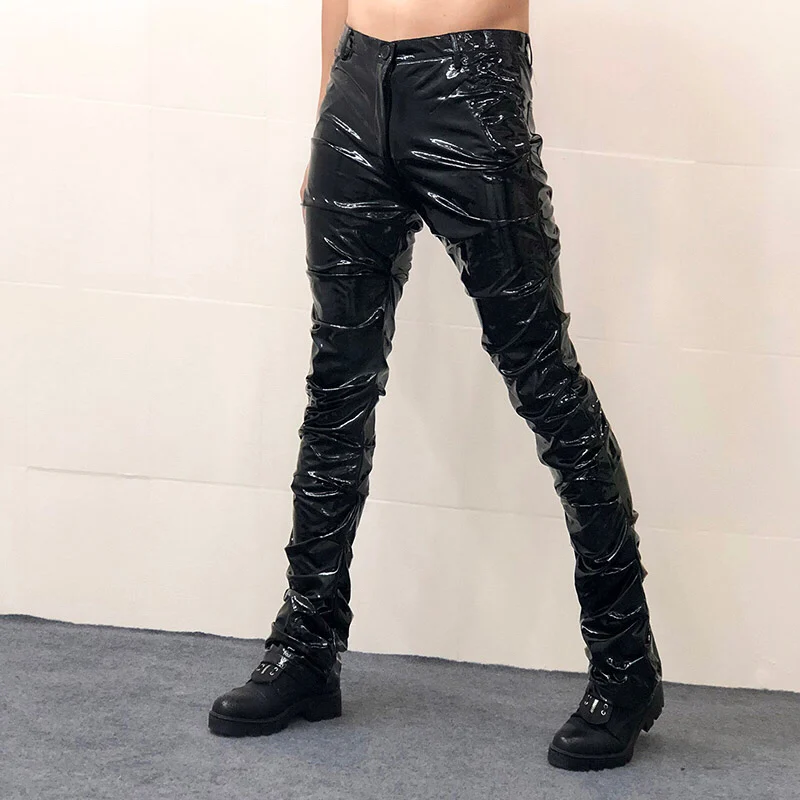 Men's Bar Singer Pleated Trumpet Slim Leather Pants Dance Costume Elastic Reflective PU Trousers Motorcycle Pants Spring Autumn