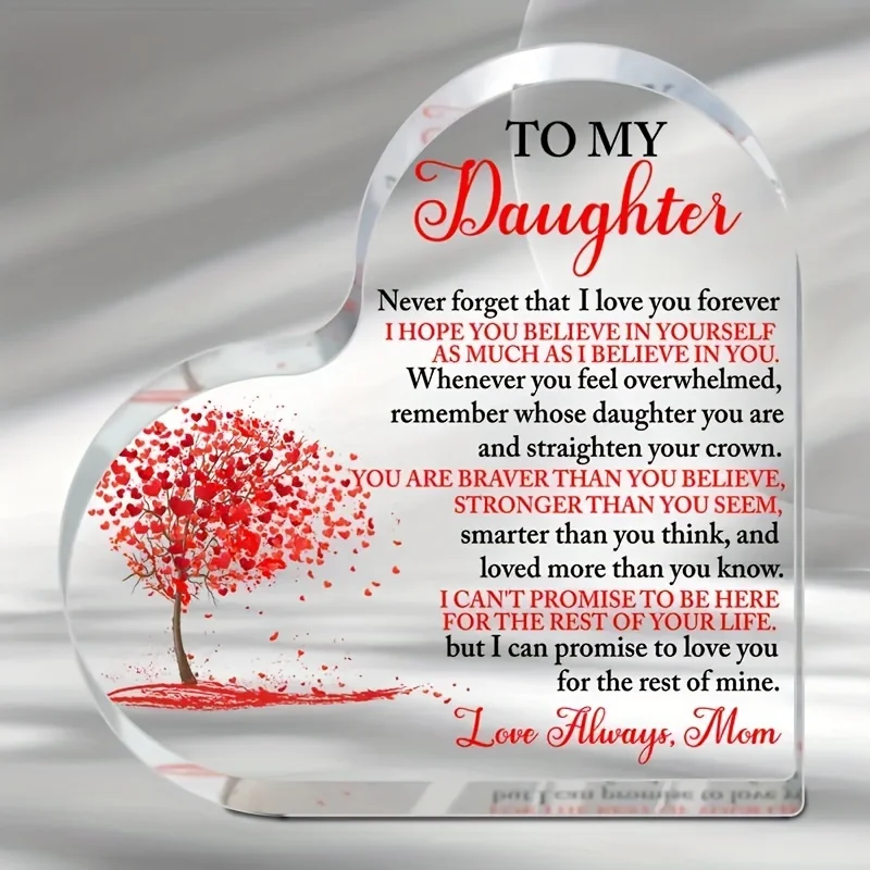 Brave Strong Quote Heart Acrylic Sign, Red Heart‑Shaped Leaves Tree Desktop Decor for Daughter