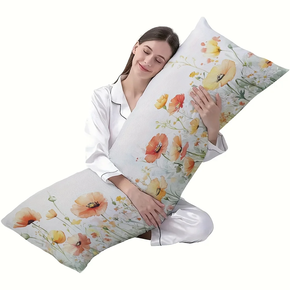 A Vintage Watercolor Poppy Flower Body Pillow Cover, Measuring 54X20 Inches - Made of Easy-Care Polyester with a Zipper Closure,