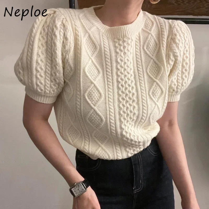 Neploe Retro Temperament Crewneck Sweaters Women Hemp Pattern Short Puff Sleeve Knit Crop Top Woman 2024 New Knitwear Pullover