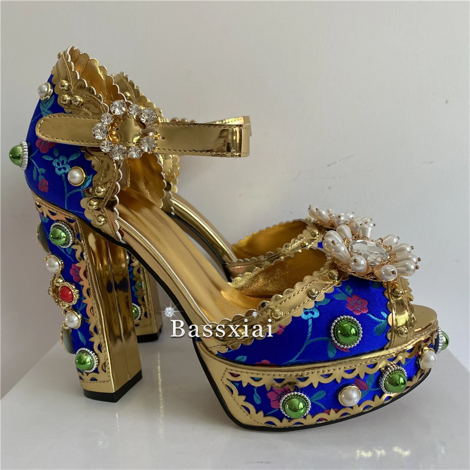 Sexy Embroidery Satin Beads Chunky Heel Sandals Women High Platform Rivets Decor Diamond Rhinestone Wedding Shoes Summer