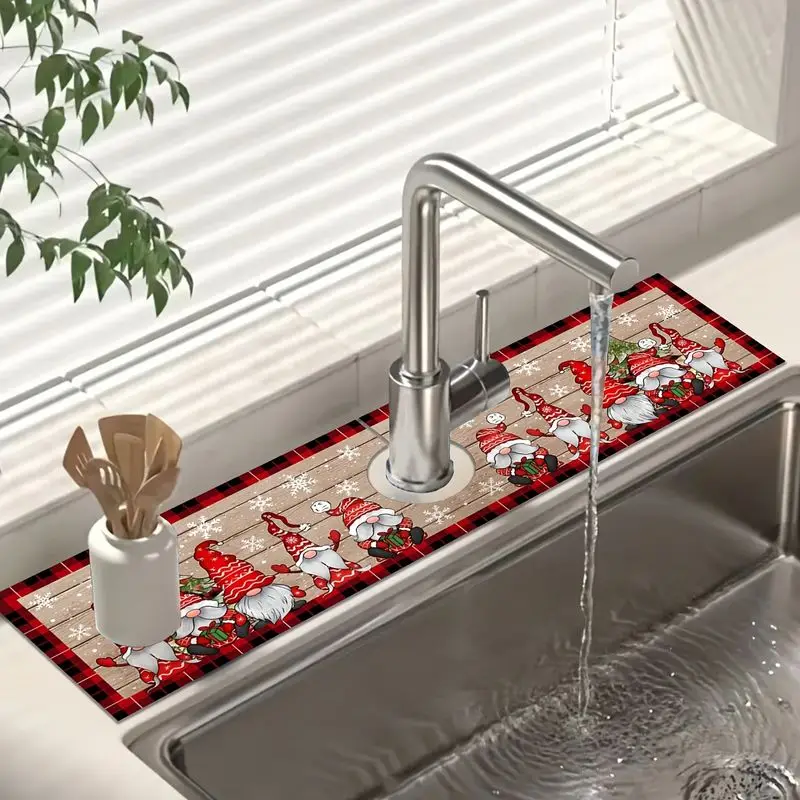 VIKAMA Christmas Gnome Plaid Kitchen Mat Absorbent Sink Drying Mat Non Slip For Kitchen Counter Dining Room Xmas Decor