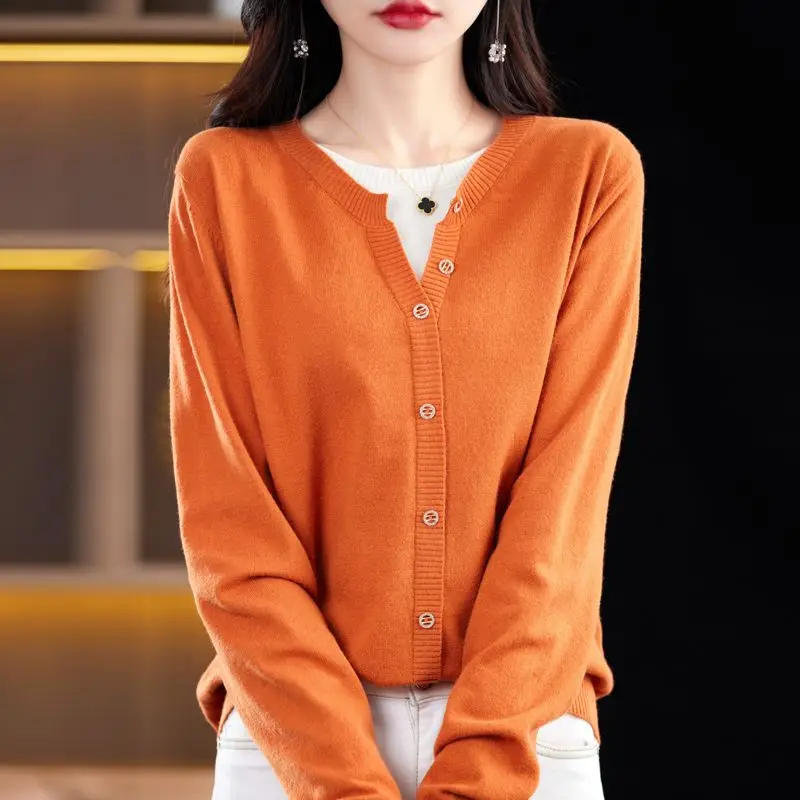 Autumn and Winter Women's V-neck Stripe Contrast Button Long Sleeve Sweater Knitwear Single Breasted Cardigan Coat Casual Tops