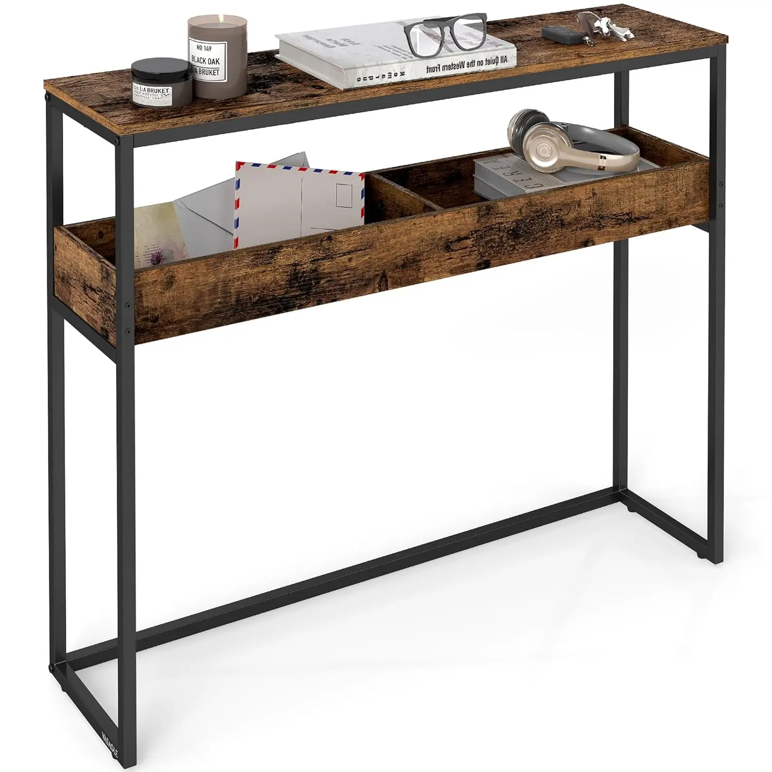 Mesa Consola Estrecha Rústica Marrón de 2 Niveles con Compartimentos de Almacenamiento 100x24x80 cm para Entrada o Sala de Estar, Personalizable