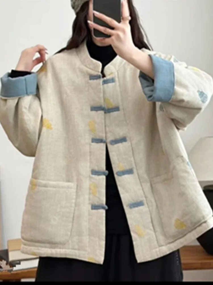 중국 슬레 헤비 자수 코튼 린넨 자켓 여성용 겨울 개선된 탕복 버튼 코튼 의류 티엔드 롱...