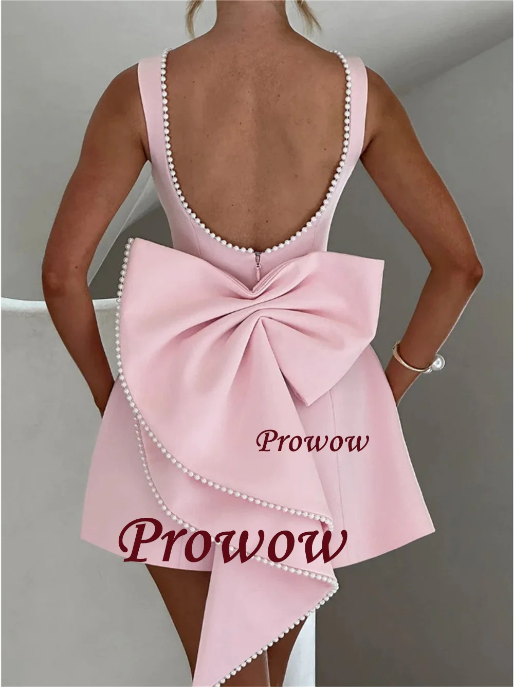 

Prowow Simple A Line Short Cocktail Prom Dresses Pleats Pearls Boat Neck Mini Formal Evening Gowns Customized Sleeveless