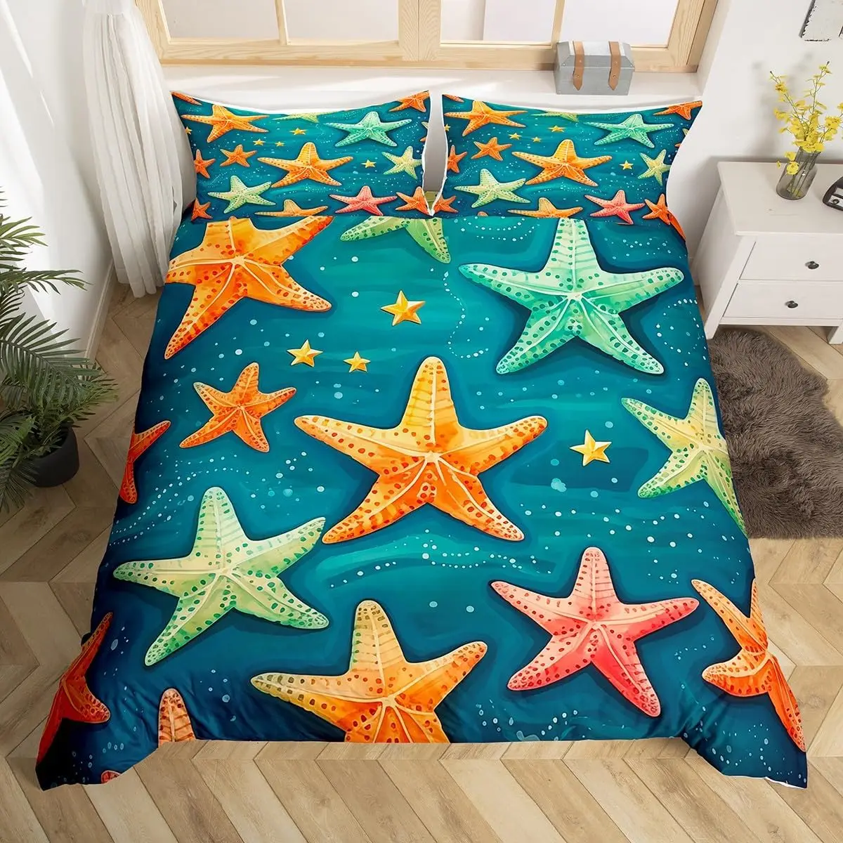 Beach Starfish Duvet Cover Twin Cute Ocean Creatures Bedding Set Tropical Beach Sea Shells Print Comforter Cover with Pillowcase