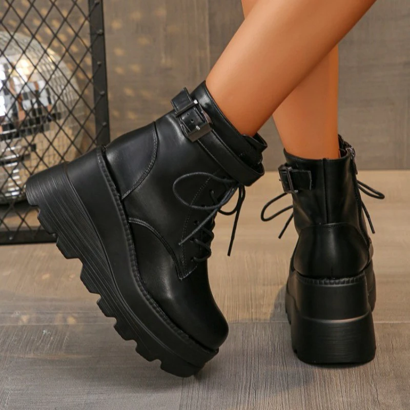 2024 NEW Punk Style Women Shoes Lace-up heel height 9CM Platform Shoes Woman Gothic Ankle Rock Boots Metal Decor Woman Sneakers