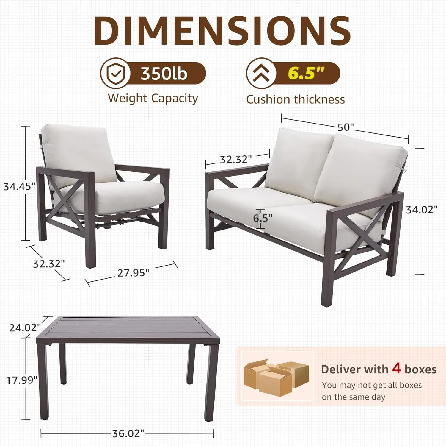 Patio Furniture Sets, 4 Pieces Outdoor Furniture Modern Metal Patio Sectional Sofa Conversation Set,2 Motion Rocking Chairs