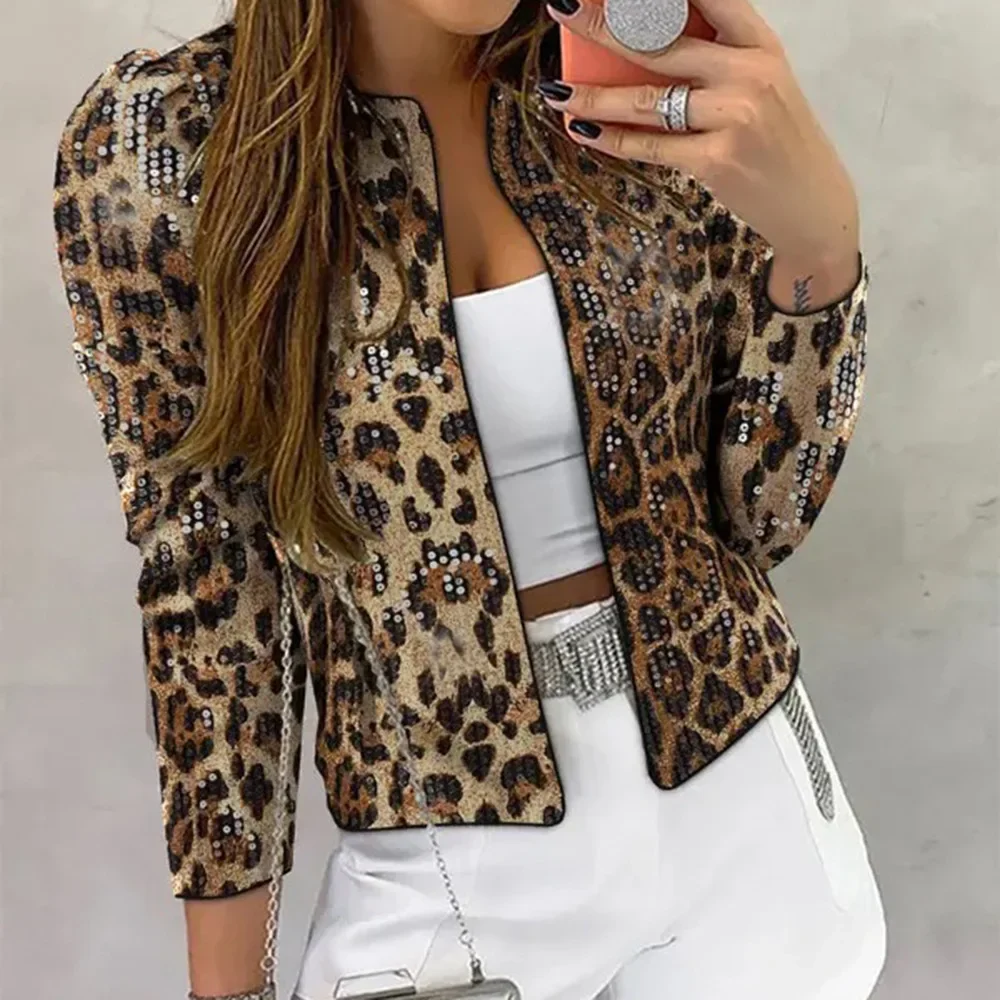 

MORODEREuropean And American 2025 Women's Leopard Print Sequined Outdoor Long-Sleeved Blazer