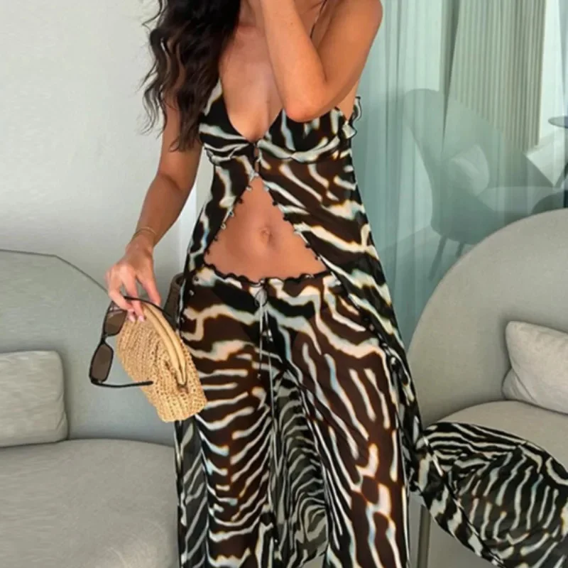 Women Mesh Beach Set Zebra Print Irregular Crop Top Wide Leg Pants Summer Vacation Outfit Swim Cover Up Suit