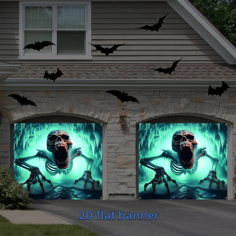 Bannière de porte de garage Happy Halloween, 1 pièce, avec crâne à bouche ouverte et os de crâne à main étendu, fournitures de fête d'halloween