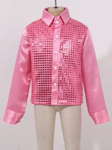 Imagen 2 del producto Camisas de lentejuelas brillantes para niños, trajes de baile de Jazz modernos, solapa de manga larga, baile de Hip-hop, puesta en escena, Ropa de baile callejero