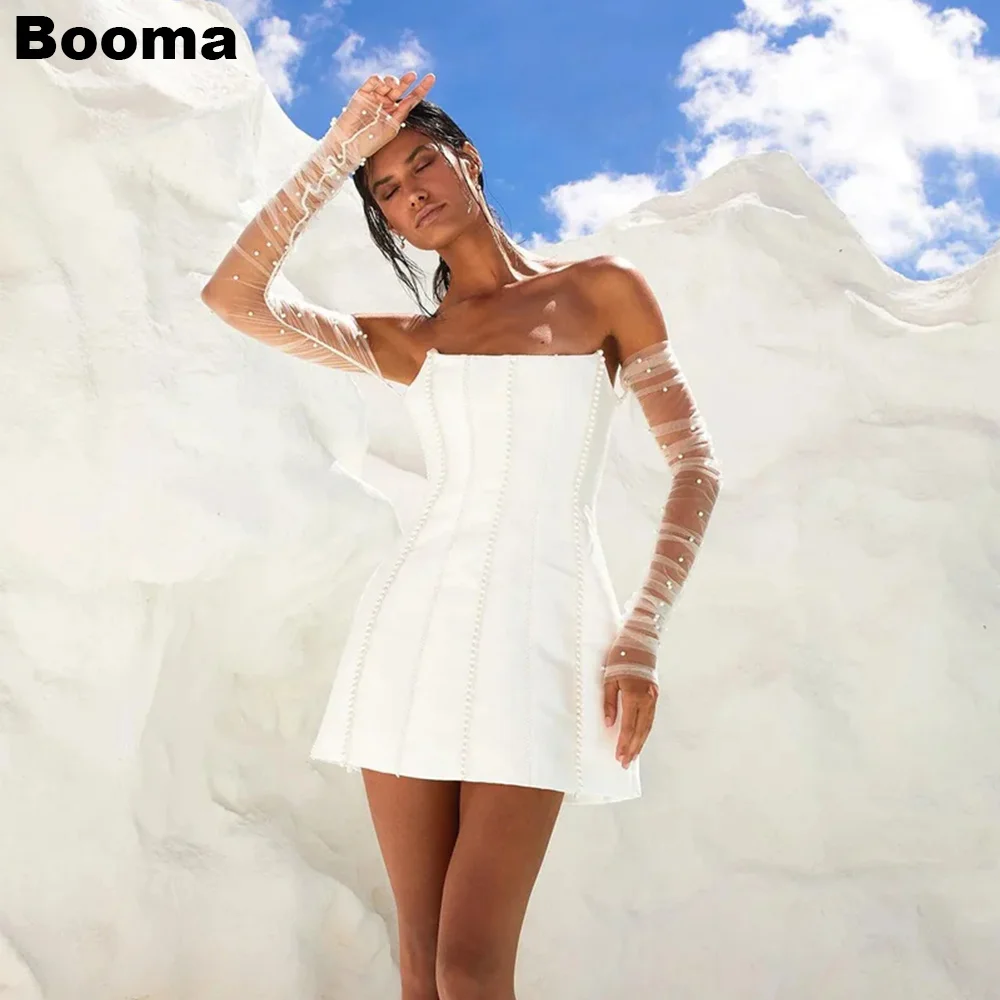 

Booma White Short Wedding Party Dresses Strapless Pearls Boning Brides Dresses after Wedding Evening Mini Bridal Prom Gowns