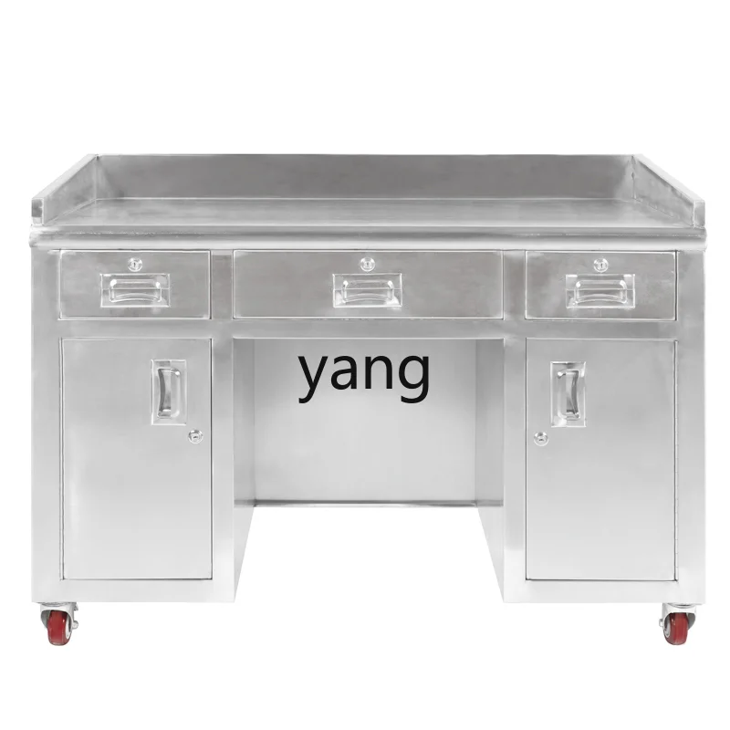 Yjq Stainless Steel Office Table Computer Desk Writing Desk Thickened Mobile Drawer with Cabinet Door Lock Cashier