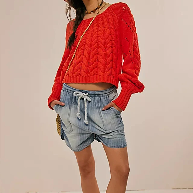 Women Chic Knit Braided Pigtail Jumpers Long Sleeve Ripped Hollow Out Pullovers Fairycore Grunge Trendy Fashion Sweater