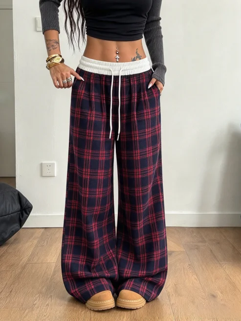 Women Plaid Wide Leg Pants Elastic Drawstring High Waist Trousers Loose Casual Checkered Long Pants With Pockets