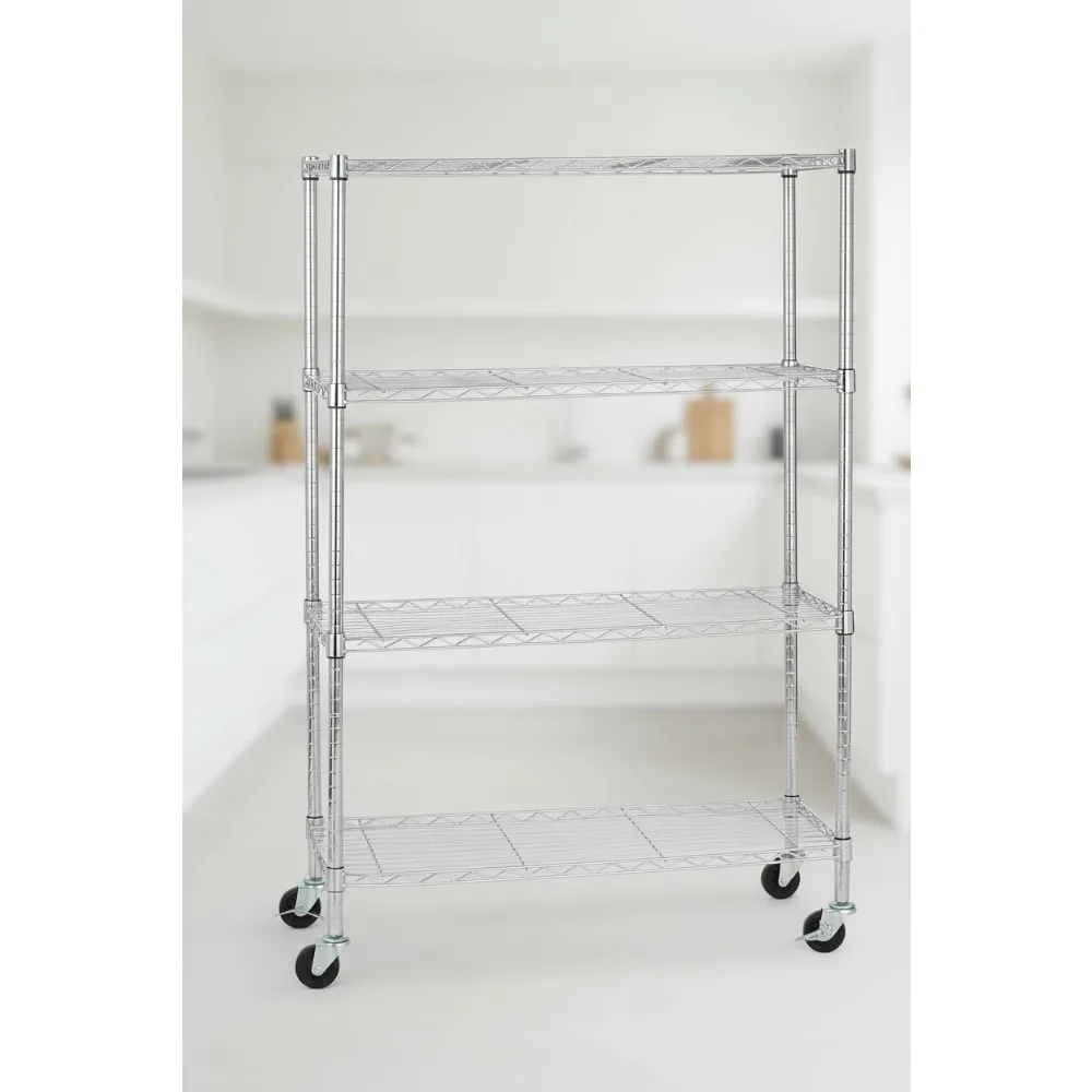 

Сверхмощный стеллаж для хранения с 4 полками и колесиками, регулируемый металлический органайзер для использования в гараже и кухне, емкость 350 фунтов