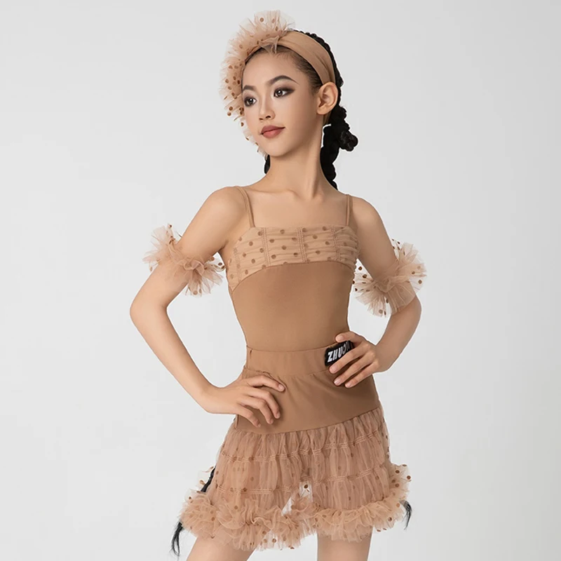 

Kids Latin Dance Clothing Girls Brown Ruffles Tutu Skirt Princess Dress Cha Cha Rumba Dance Costume Performance Dresses DNV20888