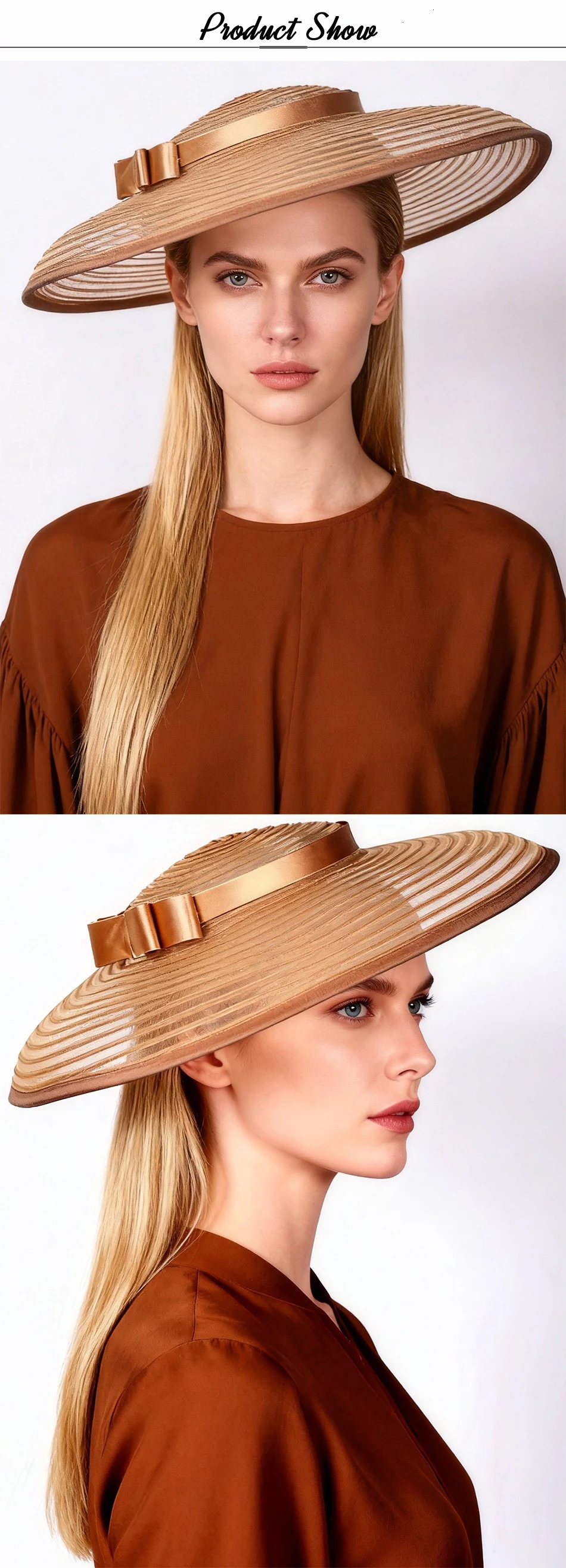 FS Eleganter Brauner Hochzeitshut mit Breiter Krempe, Kirchenhüte für Damen, Marken-Teeparty-Fascinator mit Schleife, Sombreros Mujer – Detail 1