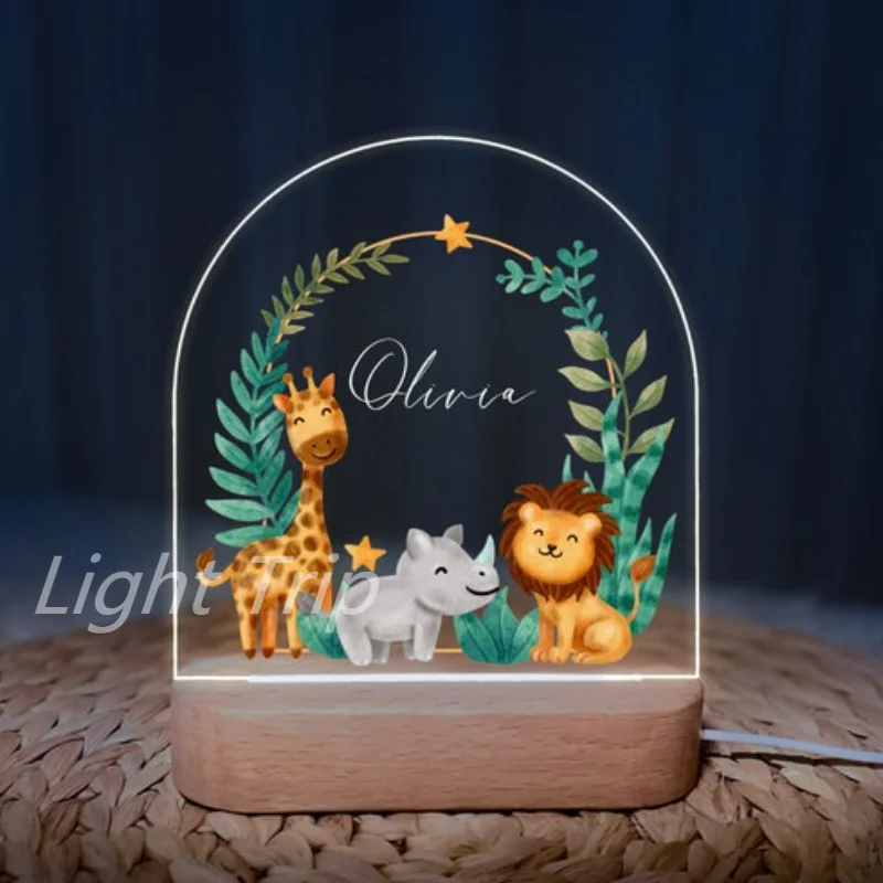 Personalized Safari Babies Night Lamp Custom Baby Birth Animal Lamp with Warm/RGB Lighting for Kids Bedroom Table Decor 20 Style