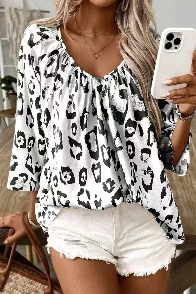 Vintage Leopard Print Elegant Shirt Women 2025 Spring Summer New Tops Stand Neck Long Sleeve Patchwork Shirts & Blouses Blusas
