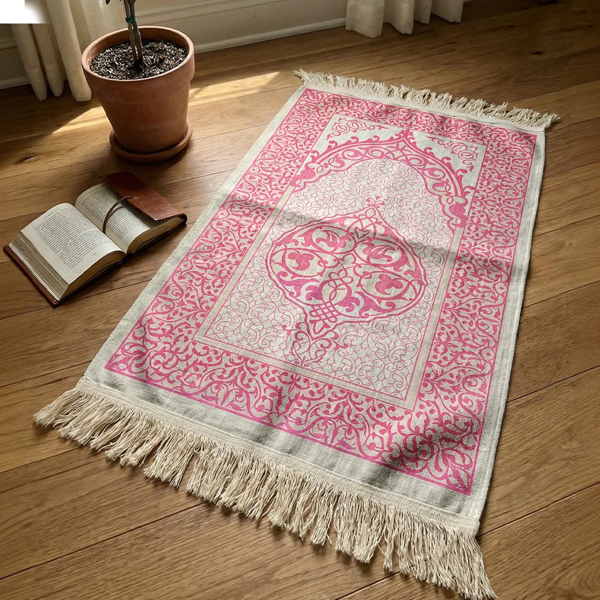 Süße, rosa, islamisch gemusterte Gebetsmatte mit Quasten, weiche islamische Gebetsdecke aus Baumwolle für Frauen, Eid al-Fitr Geschenk