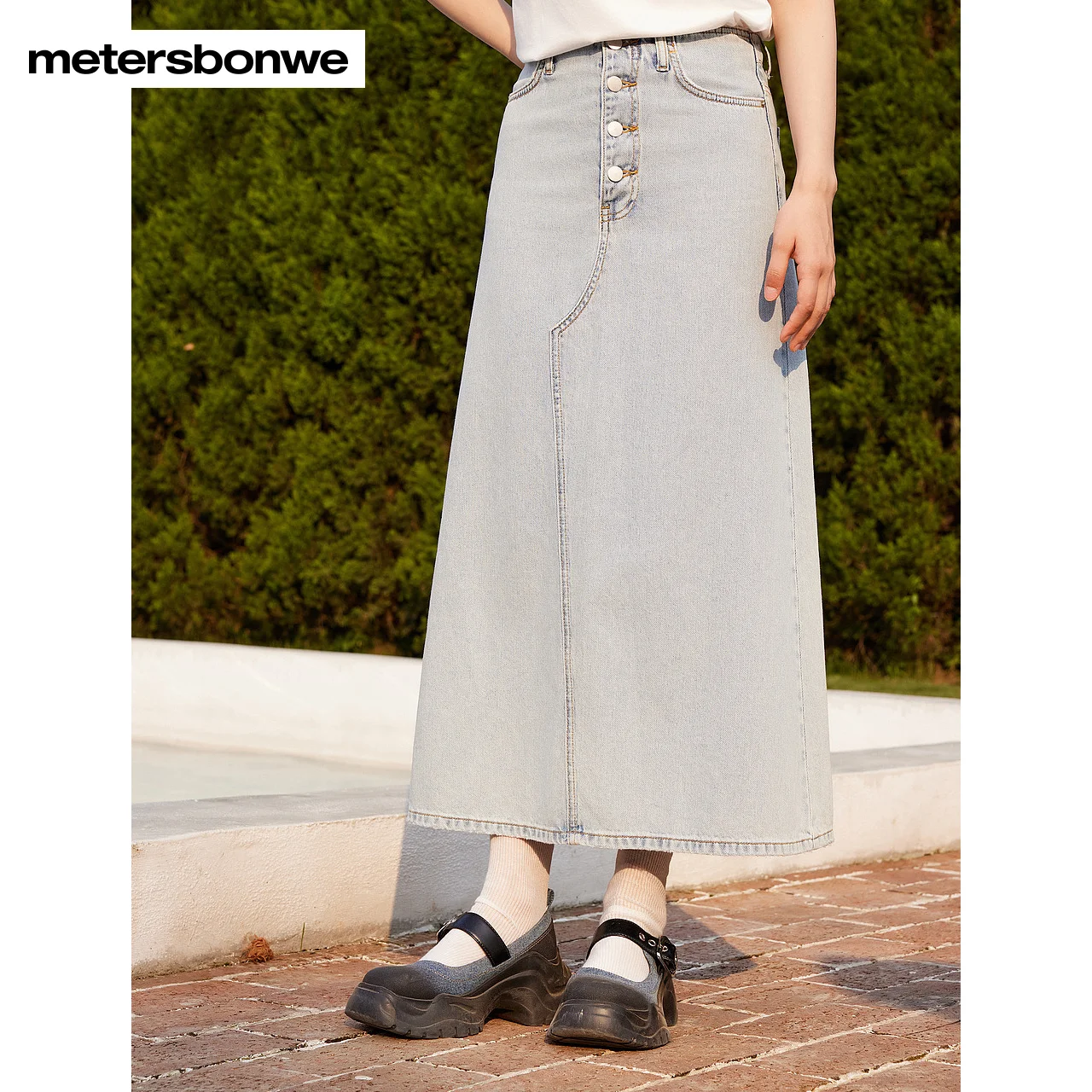 

Metersbonwe-Women's 100% Cotton High-Waisted Denim Skirt A-Line Flared Long Regular Fit Skirts Elgant Office Lady Four Seasons