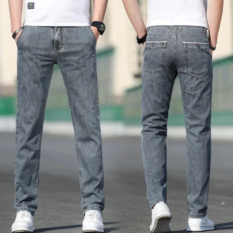 2024 Summer New Men\'s Loose Stretch Gray Jeans Fashion Casual Stretch Straight-leg Denim Pants Male Light Blue Brand