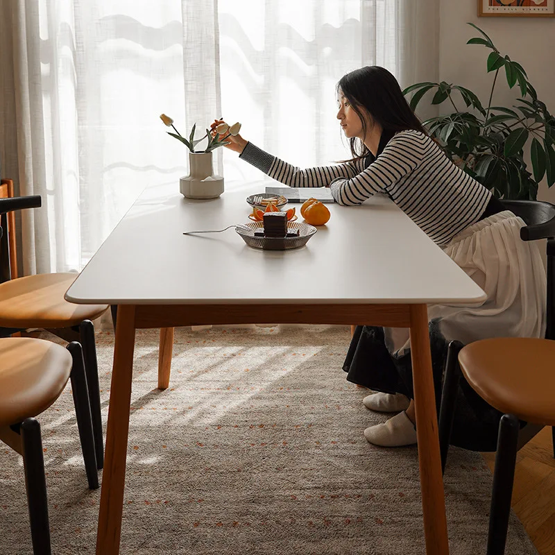 All solid wood rock slab dining table household small apartment pure white black marble cherry wood dining table