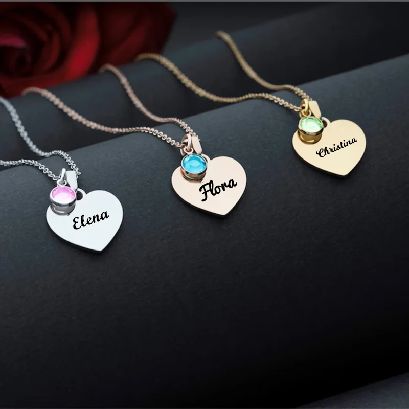 Engraved Love Heart Necklace with Birth Stone Custom Text Birthday Rhinestone Pendant Stainless Steel Jewellery Gift for Women