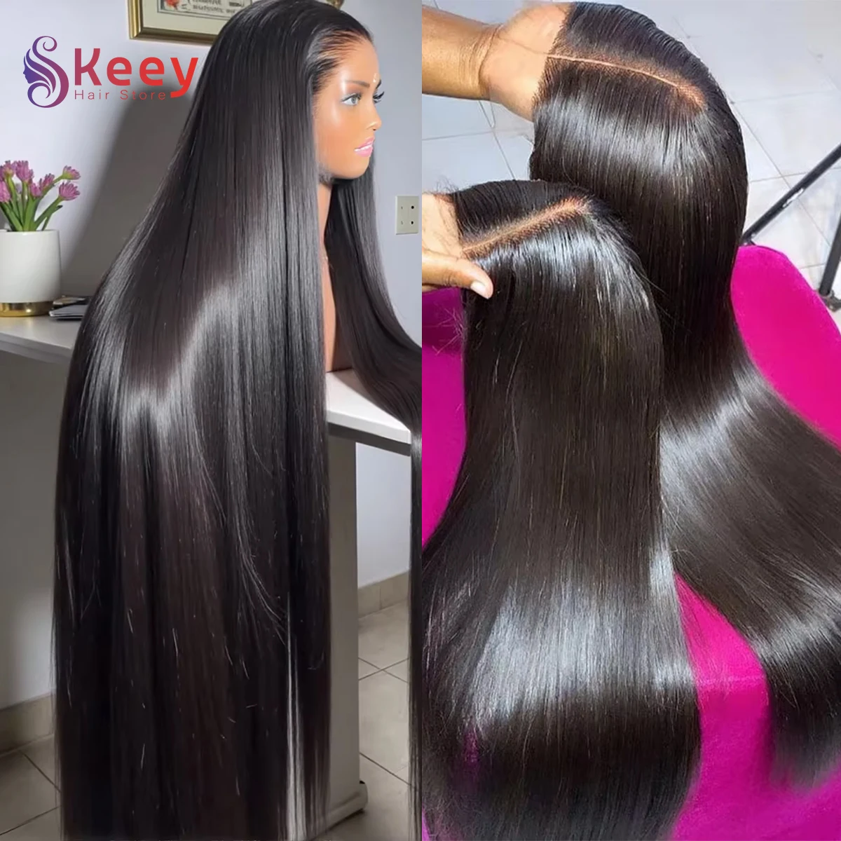 40인치 360 레이스 프론트 가발 인모 200% 밀도 본 스트레이트 가발 13x6 HD 투명 레이스 프론트 가발 브라질리언 인모 가발