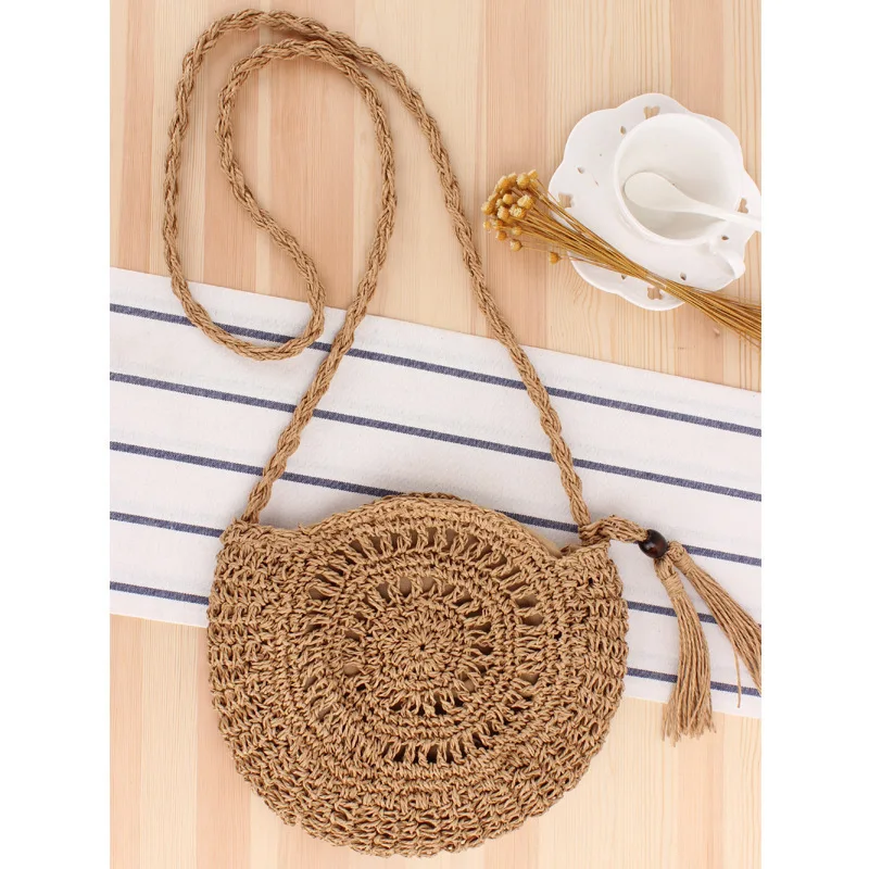 

Round Soft Paper Rope Shoulder Bag Tassel Summer Beach Handmade Crossbody Bags Women Hollow Straw Bag Circle Rattan Bag