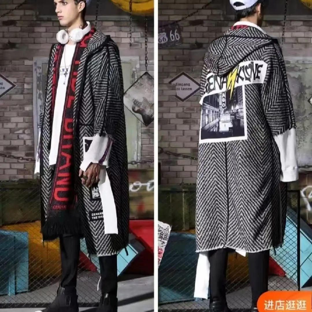 

Модное шерстяное пальто с капюшоном и контрастным принтом «елочка» в стиле хип-хоп, с рукавами шести четвертей