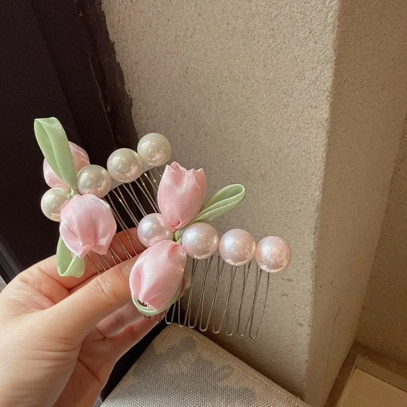 

Pink Tulip Pearl Hair Combs, Handmade Flower Hair Insert Combs, Elegant Women Hair Accessories for Wedding Daily