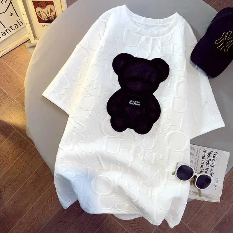 Women T Shirt Summer 2022 Korean Fashion Loose 100% Cotton TShirt Bear Print Letter Jacquard Designer Top Girls Student Clothes