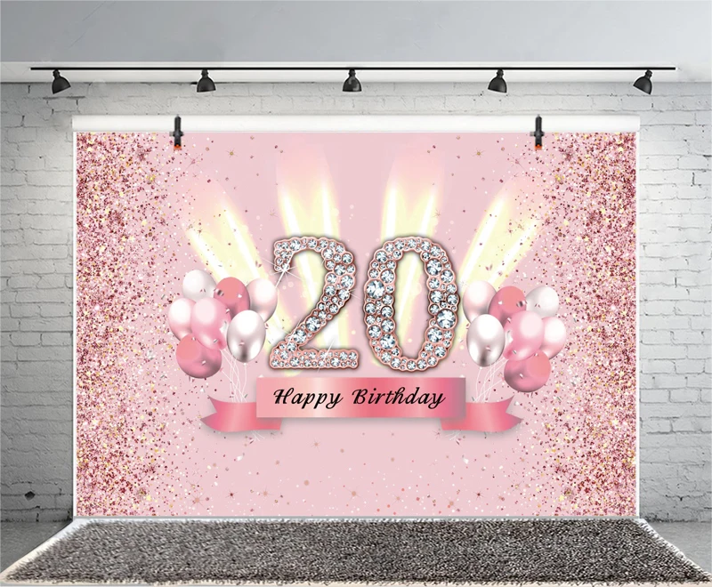 Sweet Pink 20th Photo Backdrop Girls Happy Birthday Party Pink Twenty Years Photograph Background Photo Banner Decoration