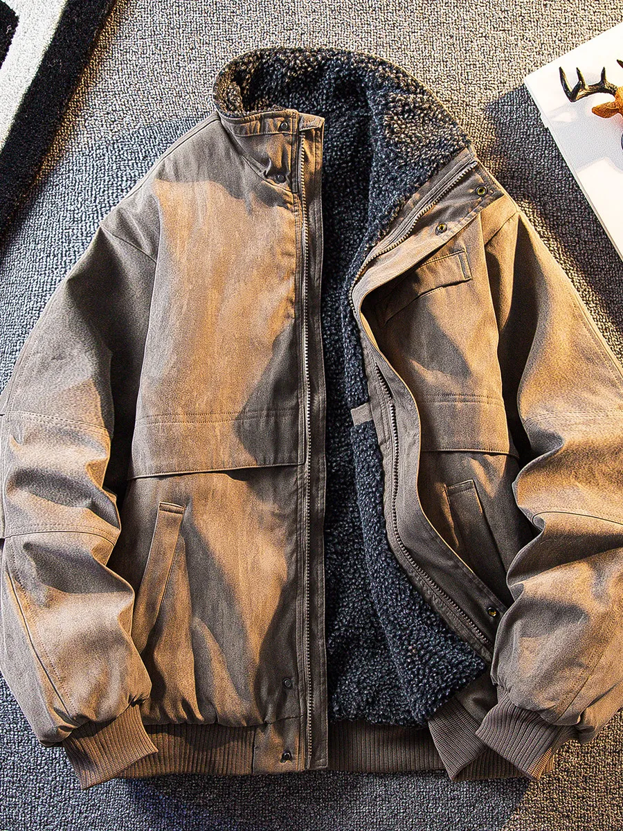 

Retro Fleece Lined Thickened Stand Collar Cotton Jacket Men's Winter Warm Workwear Jacket Polyester Fiber Long Sleeve Coat