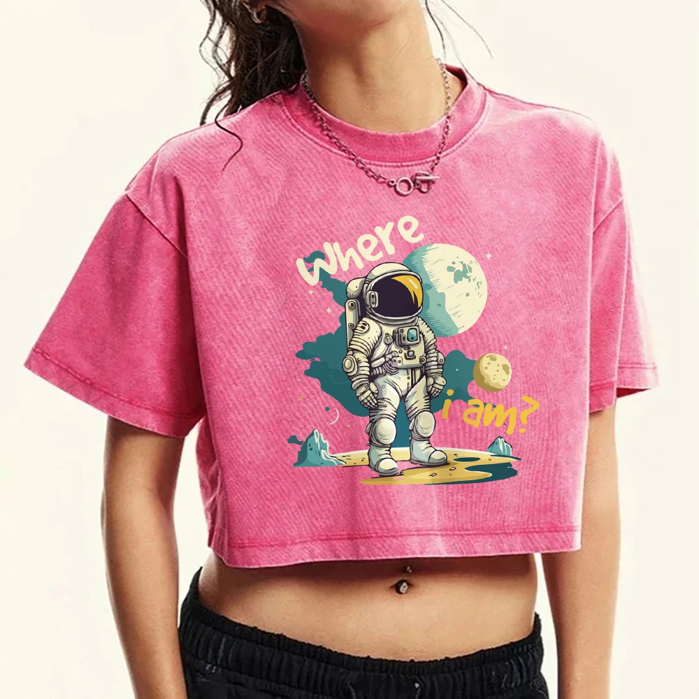 Astronauts Who Don'T Know Where They Are Printed Women Washed Tee Shirt Cotton O-Neck Tops Summer Trendy T-Shirt Casual T-Shirts