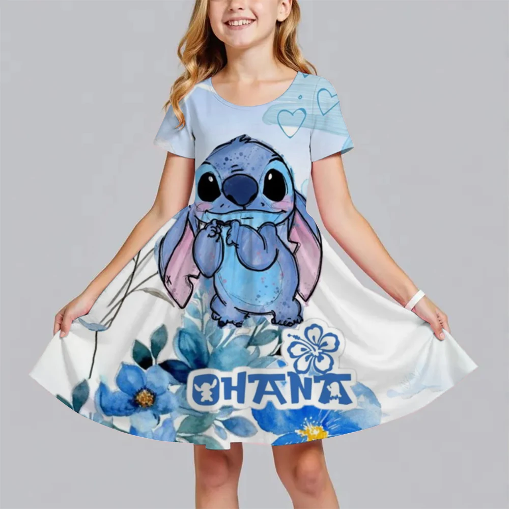 

Summer New Children's Clothing 3d Printed Romantic Stitch Cute Girl Short-Sleeved Dress 3-14 Years Old Kids Performance Clothing