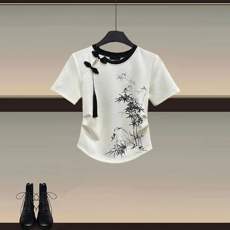 Han Su National Style Midi Skirt Women's Summer round Neck Short Sleeve Water-Media  Face New Chinese Long Skirt
