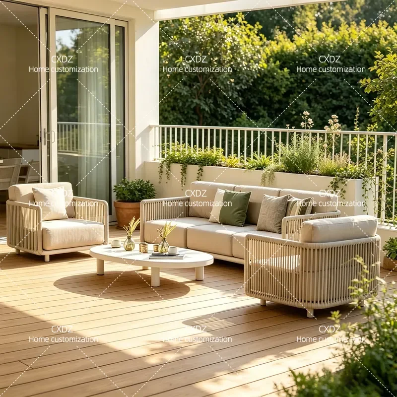 Outdoor Rope Sofa Set with Coffee Table Waterproof Sunproof Garden Courtyard Villa Balcony Leisure Furniture