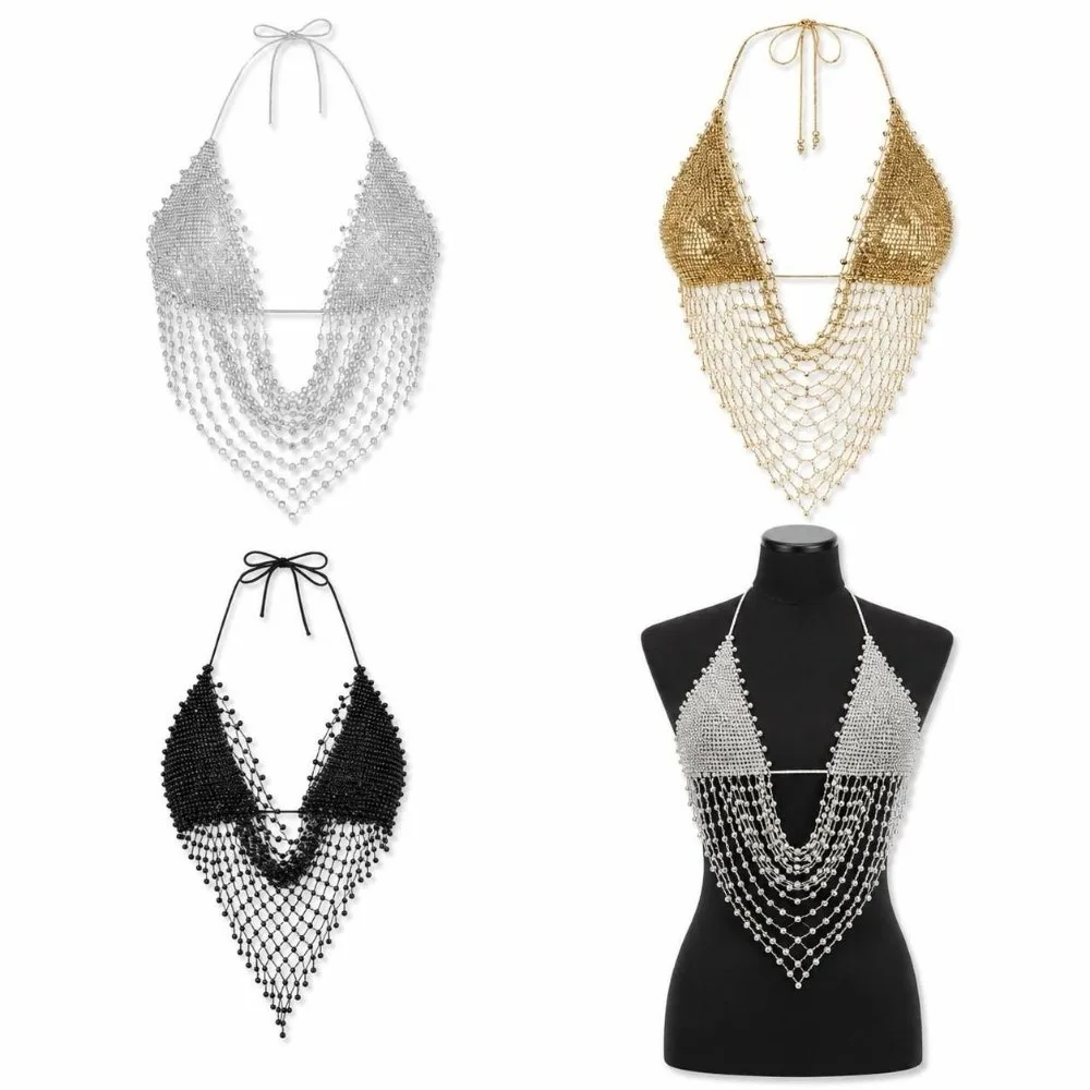 Sexy Y2K Fishnet Tank Top Rhinestone Decor Hollow Out Body Chain Fishnet Mesh Texture See Through Camisole