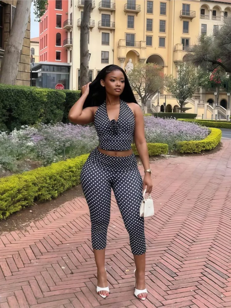 Fashion Dot Print Two-piece Set For Woman Sexy Hanging Neck Backless Short Top Seven-inch Skinny Pants Suit Ladies Slim Outfit