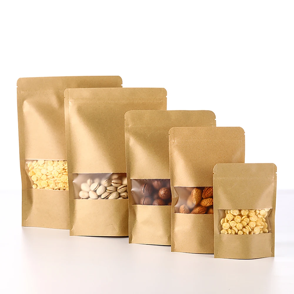 100 Stück Ziplock-Verpackungsbeutel Kraftpapier-Standbeutel mit Fenster Reißverschluss-Verpackungsbeutel für Kleinunternehmen – Detail 5